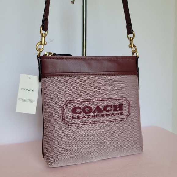 COACH Kitt Badge Jacquard & Smooth Leather Crossbody- Wine Multi ⭐ - Picture 2 of 16